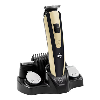 BPL Men's 10-in-1 Grooming Kit with Digital Battery Indicator, 70mins Cordless Usage, Fast Charging, 5-Heads & 5-Comb Length Adjustment, Detachable Heads for easy cleaning, 2 Years Warranty, Black and Light Gold