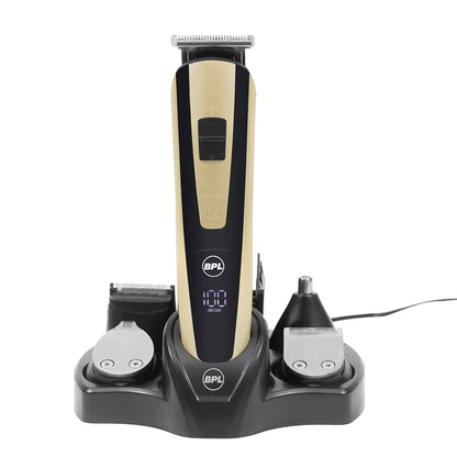 BPL Men's 10-in-1 Grooming Kit with Digital Battery Indicator, 70mins Cordless Usage, Fast Charging, 5-Heads & 5-Comb Length Adjustment, Detachable Heads for easy cleaning, 2 Years Warranty, Black and Light Gold