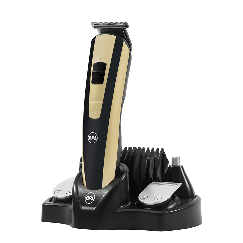 BPL Men's 10-in-1 Grooming Kit with Digital Battery Indicator, 70mins Cordless Usage, Fast Charging, 5-Heads & 5-Comb Length Adjustment, Detachable Heads for easy cleaning, 2 Years Warranty, Black and Light Gold