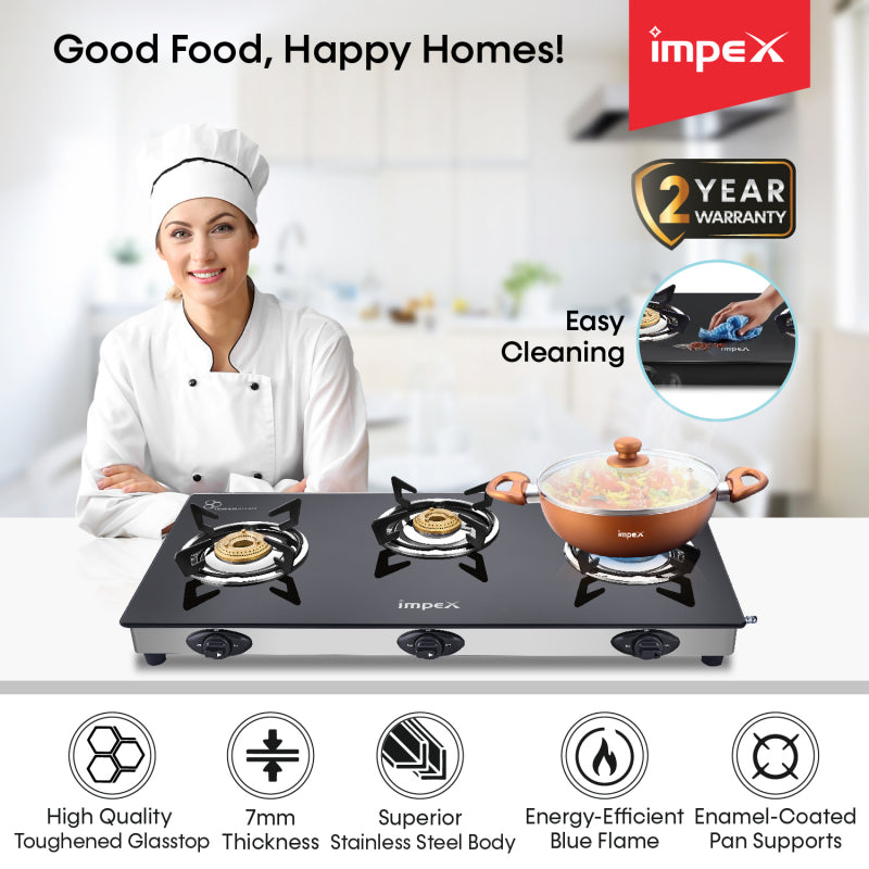 3-Burner Glasstop Gas Stove | Aspira 3B
