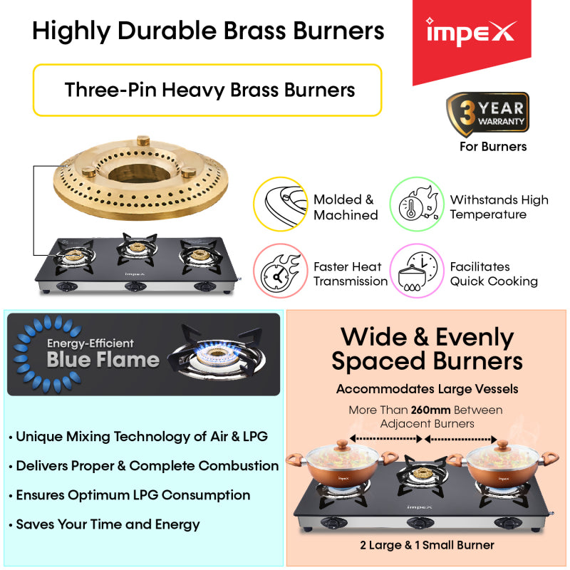 3-Burner Glasstop Gas Stove | Aspira 3B