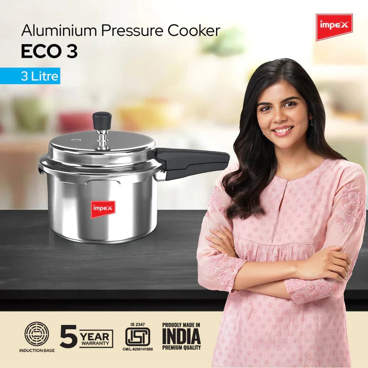 Impex ECO 3 Induction Base Outer Lid Aluminium Pressure Cooker, 3 litres, Silver