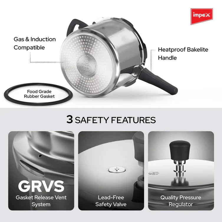 Impex ECO 5 L Induction Base Aluminium Pressure Cooker with Outer Lid (Silver)
