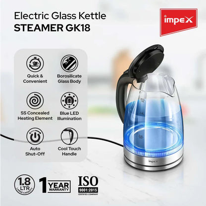 Impex STEAMER GK18 1.8 L Glass Body Electric Kettle with LED Illumination