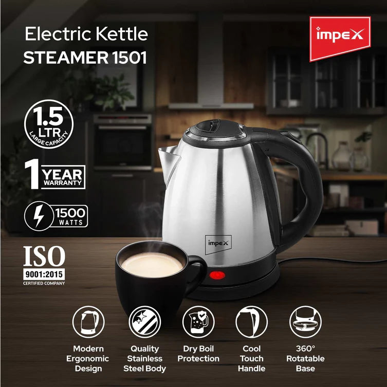 Impex STEAMER-1501 Stainless Steel Electric Kettle (1.5 Litre,1500 Watts,Silver)