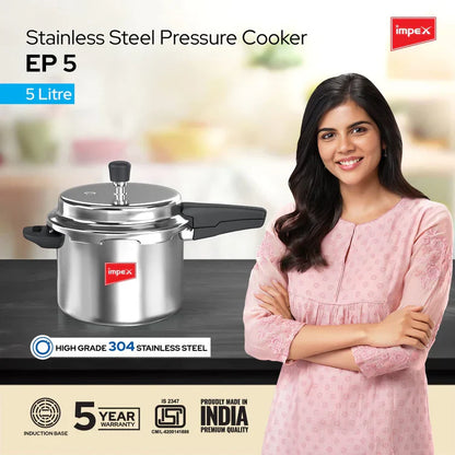 Impex EP5 Induction Base Stainless Steel Pressure Cooker, 5 litres, Silver