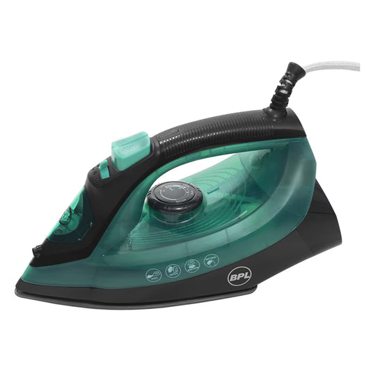 BPL 1200w Steam Iron 280ml Water Tank with Anti-Drip Led Indicators Overheat Protection Anti Calcium Spray and Steam Burst Function Self Cleaning ISI Certified 2 Years Warranty (Green & Black)